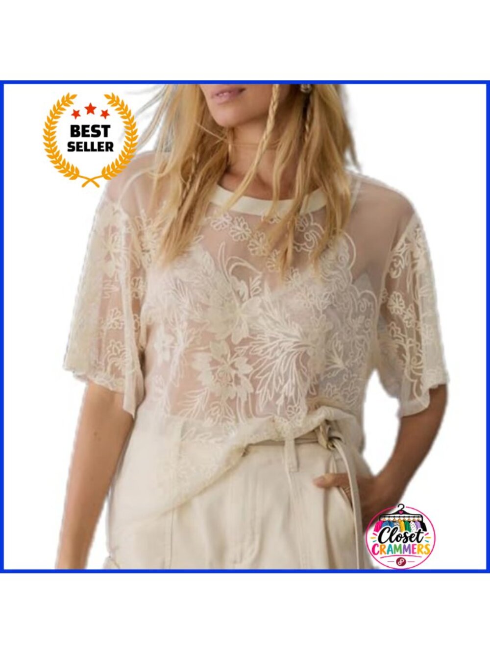 Lace Embroidered Mesh Sheer Top Short Sleeve Round Neck Layering Blouse